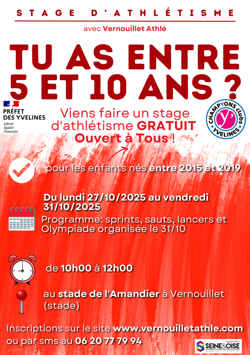STAGE  GRATUIT POUR LES ENFANTS DE 6 à 10 ans du lundi 27/10/2025 au vendredi 31/10/2025 de 10h00 à 12h00
