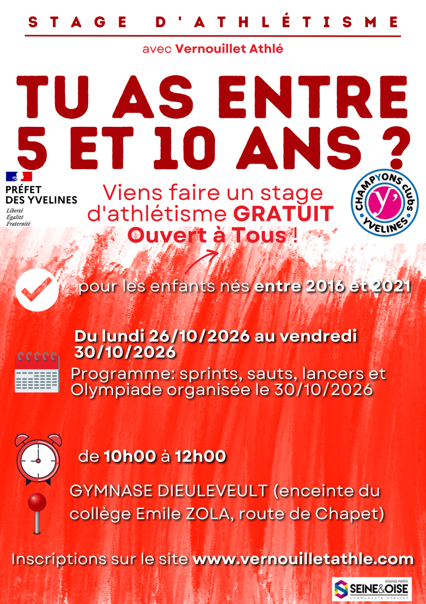Stage GRATUIT ouvert à tous les enfants de 5 à 10 ans  licenciés ou non au club du 26/10/2026 au 30/10/2026